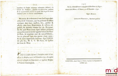 Loi RELATIVE AUX CITOYENS PENSIONNÉS PAR L’ÉTAT QUI SERONT PLACÉS DANS LES BATAILLONS DE GARDES NATIONAUX VOLONTAIRES DESTINÉS À LA DÉFENSE DES FRONTIÈRES. Signé Louis M. L. F. Duport. Donnée à Paris, le 30 Octobre 1791, Département de la Nièvre, bull. n°1420
