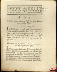 Loi RELATIVE AUX CI-DEVANT OFFICIERS DES ÉTATS-MAJORS DES PLACES. Signé Louis M. L. F. Duport. Donnée à Paris, le 16 Octobre 1791, Département de la Nièvre, bull. n°1406