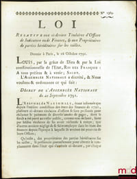 Loi RELATIVE AUX CI-DEVANT TITULAIRES D’OFFICES DE JUDICATURE OU DE FINANCE & AUX PROPRIÉTAIRES DE PARTIES HÉRÉDITAIRES SUR LES TAILLES. Signé Louis M. L. F. Duport. Donnée à Paris, le 16 Octobre 1791, Département de la Nièvre, bull. n°1369