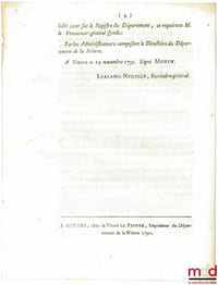 Loi RELATIVE AUX CI-DEVANT TITULAIRES D’OFFICES DE JUDICATURE OU DE FINANCE & AUX PROPRIÉTAIRES DE PARTIES HÉRÉDITAIRES SUR LES TAILLES. Signé Louis M. L. F. Duport. Donnée à Paris, le 16 Octobre 1791, Département de la Nièvre, bull. n°1369