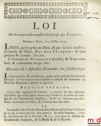 Loi SUR LES MOYENS DE COMPLÉTER LA DÉFENSE DES FRONTIÈRES, Donnée à Paris, le 9 Juillet 1791. Signé Louis M. L. F. Duport. Département de la Nièvre, bull. n°1080