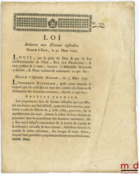 Loi RELATIVE AUX DIXMES INFÉODÉS. Signé Louis M. L. F. Duport. Donnée à Paris, le 30 Mars 1791, Département de la Nièvre, bull. n°733