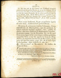 Loi SUR LA DÉSIGNATION DES BIENS NATIONAUX À VENDRE DÈS À PRÉSENT; SUR LEUR ADMINISTRATION JUSQU’À LA VENTE; SUR LES CRÉANCIERS PARTICULIERS DES DIFFÉRENTES MAISONS; ET SUR L’INDEMNITÉ DE LA DIXME INFÉODÉE. Signé Louis M. L. F. Duport. Donnée à Paris, le 5 Novembre 1790, Département de la Nièvre