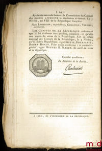 Loi RELATIVE AUX ACTES PASSÉS ET AUX JUGEMENS RENDUS À VALENCIENNES ET DANS QUELQUES PLACES VOISINES PENDANT L’INVASION DE L’ENNEMI, Signé Lermercier. De Frimaire & Nivôse an VIII, Bull. 339