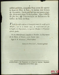 Loi, RELATIVE AUX CAPORAUX & TAMBOURS DES RÉGIMENS SUISSES. Donnée à Paris, le 10 Novembre 1790, signé: Louis, et L’Archevêque de Bordeaux, bull. n°269