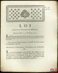Loi, RELATIVE AU TRAITEMENT DES MILITAIRES. Donnée à Paris, le 25 Décembre 1790, signé: Louis, M.L.F. Duport