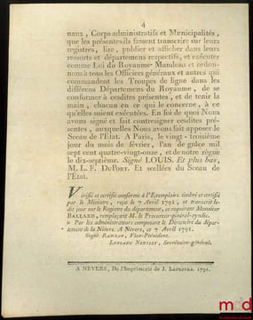 Loi, RELATIVE AUX COLONELS ET LIEUTENANS-COLONELS DE TOUTES LES ARMES. Donnée à Paris, le 23 Février 1791, bull. n°635. undefined