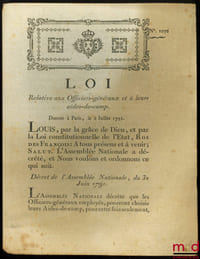 Loi RELATIVE AUX OFFICIERS GÉNÉRAUX ET À LEURS AIDES-DE-CAMP. Donnée à Paris, le 6 Juillet 1791, signé: M.L.F. Duport, bull. n°1076