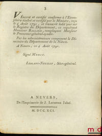 Loi RELATIVE AUX OFFICIERS GÉNÉRAUX ET À LEURS AIDES-DE-CAMP. Donnée à Paris, le 6 Juillet 1791, signé: M.L.F. Duport, bull. n°1076
