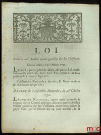 Loi RELATIVE AUX SOLDATS TENANT GARNISON SUR LES VAISSEAUX. Donnée à Paris, le 31 Octobre 1790, signé: Louis et L’Archevêque de Bordeaux