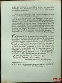 Loi RELATIVE AUX ADJUDANS GÉNÉRAUX DE L’ARMÉE & AUX AIDES-DE-CAMP. Donnée à Paris, le 24 Novembre 1790, signé: Louis, M.L.F. Duport