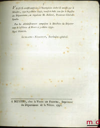 Loi RELATIVE AUX NOMINATIONS D’OFFICIERS DE LA GENDARMERIE NATIONALE, FAITES PAR LES DIRECTOIRES DES DÉPARTEMENS. Donnée à Paris, le 12 Septembre 1791, signé: M.L.F. Duport, bull. n°1267