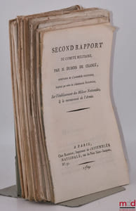 ENSEMBLE DE 23 BULLETINS DES LOIS :  M. Dubois deCrancé, Second rapport du comité militaire sur l’établissement des Milices nationales, & le recrutement de l’Armée, Paris, Chez Baudouin, 1789, [20p.];  Lois de la République française n°133, Loi contenant des mesures pour protéger l’arrivage des grains destinés à l’approvisionnement de Paris, 12germinal de l’AnIII, [14p.];  Bulletin des lois de la république française n°69, AnIV, [16p.];  Acte d’accusation contre le représentant du peuple Drouet, Extrait des registres du procès-verbal des séances du Conseil des Cinq-cents, AnIV, [4p.];  Bulletin des lois de la République n°337, Arrêté des Consuls de la République, relatif aux prêtres assermentés, mariés, ou n’exerçant plus leur culte, dont la déportation aurait été ordonnée en application de la loi du 19fructidor AnV, 8frimaire AnV, [16p.];  Bulletin des lois de la République n°217, Loi portant que les cousins germains peuvent être simultanément membres d’une même administration, AnVI, [16p.];  Bulletin des lois de la République n°302, Arrêté du Directoire exécutif, concernant le transport des poudres dans l’intérieur de la République, 1er fructidor AnVII, [16p.];  Bulletin des lois de la République n°336, Loi concernant les tribunaux des pays infestés par les rebelles (n°3462), 19 frimaire AnVIII, [12p.];  Bulletin des lois de la République n°317, Loi additionnelle à celle du 14Messidor AnVII sur l’organisation des bataillons et compagnies auxiliaires (n°3361), 21vendémiaire AnVIII, [32p.];  Bulletin des lois de la République n°20, Arrêté qui accorde aux citoyens Jacquemart et Bernard un brevet d’invention pour une fabrication de papiers peints imitant le linon-batiste, 28germinal AnVIII, [8p.];  Bulletin des lois de la République n°336, Loi concernant les tribunaux des pays infestés par les rebelles (n°3462), AnVIII, [12p.];  Bulletin des lois de la République n°303, Arrêté relatif aux Traites affectés au service des Arrondissements maritimes, AnXI, [16p.];  Bulletin des lois de la République n°299, Arrêté relatif au Mode d’envoi des Fonds destinés au service des Colonies, AnXI, [16p.];  Bulletin des lois de la République n°265, Arrêté concernant Règlement sur l’Artillerie (n°2576), 2germinal AnXI, [16p.];  Bulletin des lois de la République n°334, AnXII, [16p.];  Bulletin des lois de la République n°332, AnXII, [16p.];  Bulletin des lois de la République n°300, AnXII, [4p.];  Bulletin des lois n°132, Décret impérial concernant les Forçats libérés (n°2164), 17juillet 1806, [4p.];  Bulletin des lois n°393, Décret impérial qui détermine la marque des Savons (n°7258), 18septembre 1811, [8p.];  Bulletin des lois n°423, Sénatus-consulte concernant la Division de la Garde nationale et l’appel de cent Cohortes sur le premier ban (n°7745), 13mars 1812, [16p.];  Bulletin des lois n°424, Décret impérial relatif à la Levée et à l’Organisation de quatre-vingt-huit Cohortes de Gardes nationales (n°7787), 14mars 1812, [24p.];  Bulletin des lois n°435, Décret impérial relatif à la Fixation du Prix des Blés, 8mai 1812, [16p.];  Bulletin des lois n°457, Décret impérial qui fixe le Droit d’entrée des mouchoirs de fil de lin blanc, brodés en fil (n°8412), 22décembre 1812, [32p.]