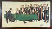 LITHOGRAPHIES REHAUSSÉE À LA GOUACHE SUR LE THÈME DES PROFESSEURS À LA FACULTÉ DE DROIT, représentant UN ÉTUDIANT SOUTENANT SA THÈSE DEVANT UN JURY DE ...