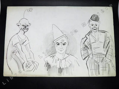 3 Clowns, Portrait des frères RIVEL, Polo, Charles et René. Dessin original de FERNEL. [CIRQUE]  