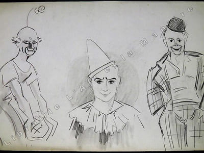 3 Clowns, Portrait des frères RIVEL, Polo, Charles et René. Dessin original de FERNEL. [CIRQUE]  