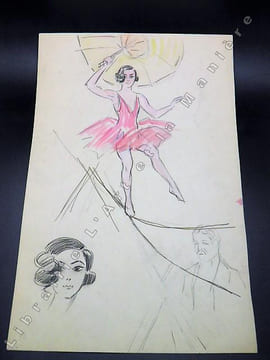 Numéro de cirque avec GABY MORLAY lors d'un Gala de l'Union des Artistes dans les années 1920. Dessin original de FERNEL. [CIRQUE]  . FERNEL, Fernand. ...