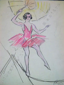 Numéro de cirque avec GABY MORLAY lors d'un Gala de l'Union des Artistes dans les années 1920. Dessin original de FERNEL. [CIRQUE]  