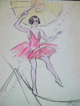 Numéro de cirque avec GABY MORLAY lors d'un Gala de l'Union des Artistes dans les années 1920. Dessin original de FERNEL. [CIRQUE]  . FERNEL, Fernand. ...