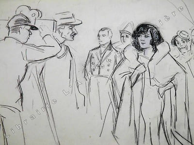 Célébrité (non identifiée) face à une caméra avec, en arrière plan, les 3 frères Fratellini, Paul, François et Albert, lors d'un Gala de l'Union des Artistes dans les années 1920 (scène sur le tapis rouge?). Dessin original de FERNEL. [CIRQUE]  