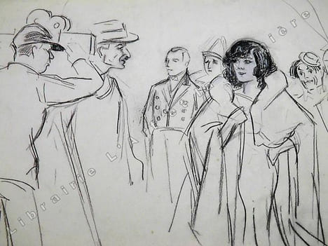 Célébrité (non identifiée) face à une caméra avec, en arrière plan, les 3 frères Fratellini, Paul, François et Albert, lors d'un Gala de l'Union des ...