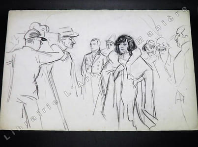 Célébrité (non identifiée) face à une caméra avec, en arrière plan, les 3 frères Fratellini, Paul, François et Albert, lors d'un Gala de l'Union des Artistes dans les années 1920 (scène sur le tapis rouge?). Dessin original de FERNEL. [CIRQUE]  
