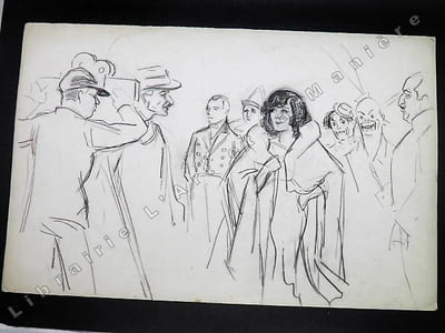 Célébrité (non identifiée) face à une caméra avec, en arrière plan, les 3 frères Fratellini, Paul, François et Albert, lors d'un Gala de l'Union des Artistes dans les années 1920 (scène sur le tapis rouge?). Dessin original de FERNEL. [CIRQUE]  