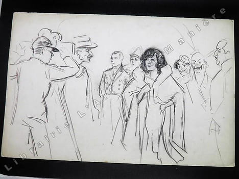 Célébrité (non identifiée) face à une caméra avec, en arrière plan, les 3 frères Fratellini, Paul, François et Albert, lors d'un Gala de l'Union des ...