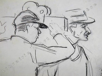 Célébrité (non identifiée) face à une caméra avec, en arrière plan, les 3 frères Fratellini, Paul, François et Albert, lors d'un Gala de l'Union des Artistes dans les années 1920 (scène sur le tapis rouge?). Dessin original de FERNEL. [CIRQUE]  
