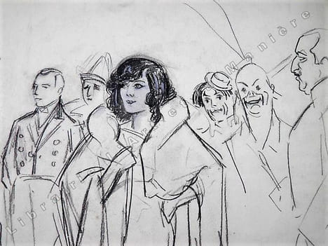 Célébrité (non identifiée) face à une caméra avec, en arrière plan, les 3 frères Fratellini, Paul, François et Albert, lors d'un Gala de l'Union des ...