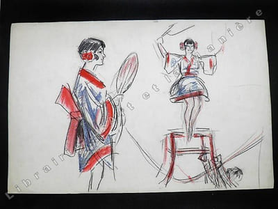Numéro d'équilibriste orientale avec éventail. Dessin original de FERNEL. [CIRQUE]  