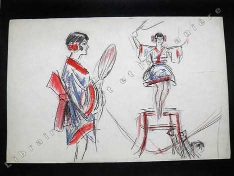Numéro d'équilibriste orientale avec éventail. Dessin original de FERNEL. [CIRQUE]  . FERNEL, Fernand. 