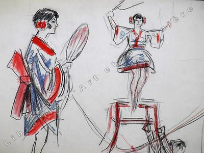Numéro d'équilibriste orientale avec éventail. Dessin original de FERNEL. [CIRQUE]  