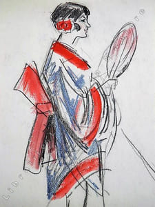 Numéro d'équilibriste orientale avec éventail. Dessin original de FERNEL. [CIRQUE]  
