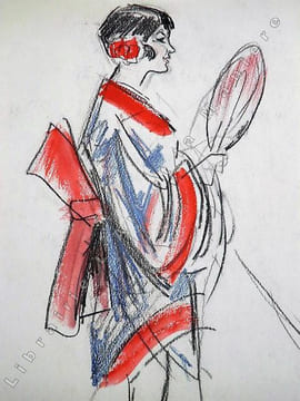 Numéro d'équilibriste orientale avec éventail. Dessin original de FERNEL. [CIRQUE]  . FERNEL, Fernand. 