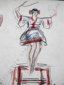 Numéro d'équilibriste orientale avec éventail. Dessin original de FERNEL. [CIRQUE]  