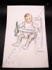 Dessin original de FERNEL. Portrait de Jacques Alf, un jeune enfant assis sur une chaise haute, un perroquet vert à la main. . FERNEL, Fernand. 