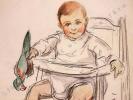 Dessin original de FERNEL. Portrait de Jacques Alf, un jeune enfant assis sur une chaise haute, un perroquet vert à la main. . FERNEL, Fernand. 