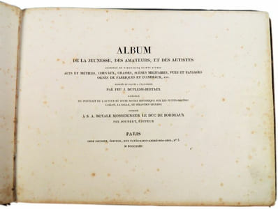 Album de la jeunesse, des amateurs et des artistes, composé de vingt-cinq sujets divers. Arts et métiers, chevaux, chasses, scènes militaires, vues et paysages ornés de fabriques et d’animaux, etc. 