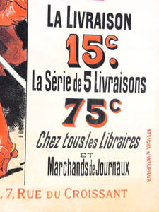 Œuvres de Rabelais illustrées par Robida. La livraison 15 c. La série de 5 livraisons, 75 c. Chez tous les libraires et marchands de journaux. Librairie illustrée, 7 rue du Croissant. [Affiche de librairie] [ANTIQUE LITERARY PROMOTIONAL LITHOGRAPH by Jules CHERET. Rabelais’ work illustrated by Robida] 