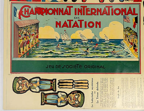 Championnat International de Natation. Jeu de Société Original. Planche en chromolithographie. [JEU ANCIEN - NATATION] . SAUSSINE. 