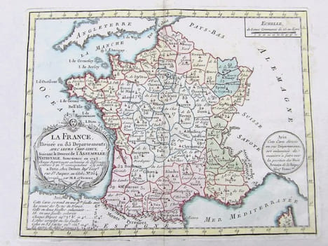 Carte de la France divisée en 85 départemens suivant les décrets de l'Assemblée Nationale, sanctionnés en 1792, dressée sur les Mémoires de l’Académie ...