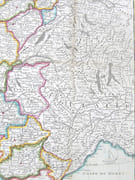 Carte de la France divisée en 85 départemens suivant les décrets de l'Assemblée Nationale, sanctionnés en 1792, dressée sur les Mémoires de l’Académie des Sciences, Augmentée de tous les Pays qui sont aujourd’huy le Théâtre de la Guerre dans les Pays-Bas l’Allemagne, la Savoye, l’Italie &c &c. Avec les Routes Générales et Particulières du R[oyau]me. Par DESNOS, Ingén[ieu]r. Géographe des États de Danemark, rue St Jacques, au Globe. 1792.  par DESNOS (Louis-Charles).   - Image 7
