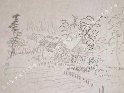 Dessin original ancien. Pinceau et encre de chine. Japon. Epoque Meiji. Hameau dans la forêt.
