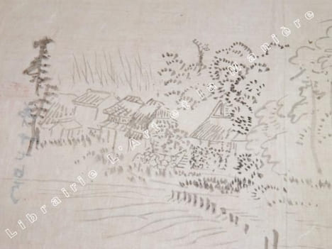 Dessin original ancien. Pinceau et encre de chine. Japon. Epoque Meiji. Hameau dans la forêt. . [Auteur non identifié] 