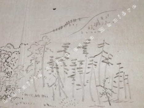 Dessin original ancien. Pinceau et encre de chine. Japon. Epoque Meiji. Hameau dans la forêt. . [Auteur non identifié] 