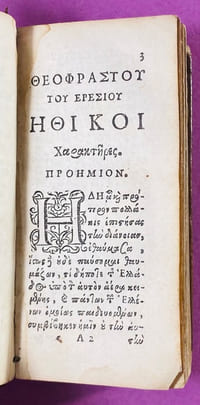 Theophrasti Eresi Characteres Ethici, sive Morum descriptiones. Graece & latine. Cum Notis & Monitis Ioannis Angelii Werdenhagen.