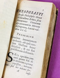 Theophrasti Eresi Characteres Ethici, sive Morum descriptiones. Graece & latine. Cum Notis & Monitis Ioannis Angelii Werdenhagen.