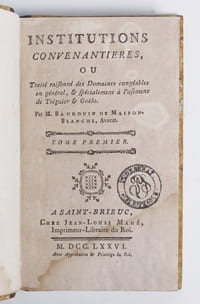 Institutions convenantières, ou Traité raisonné des Domaines congéables en général, & spécialement à l'usement de Tréguier & Goëlo.