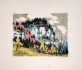 Landschaft mit Felswand und Bäumen, Gebirge im Hintergrund.. Brügger, Arnold  (1888–1975);